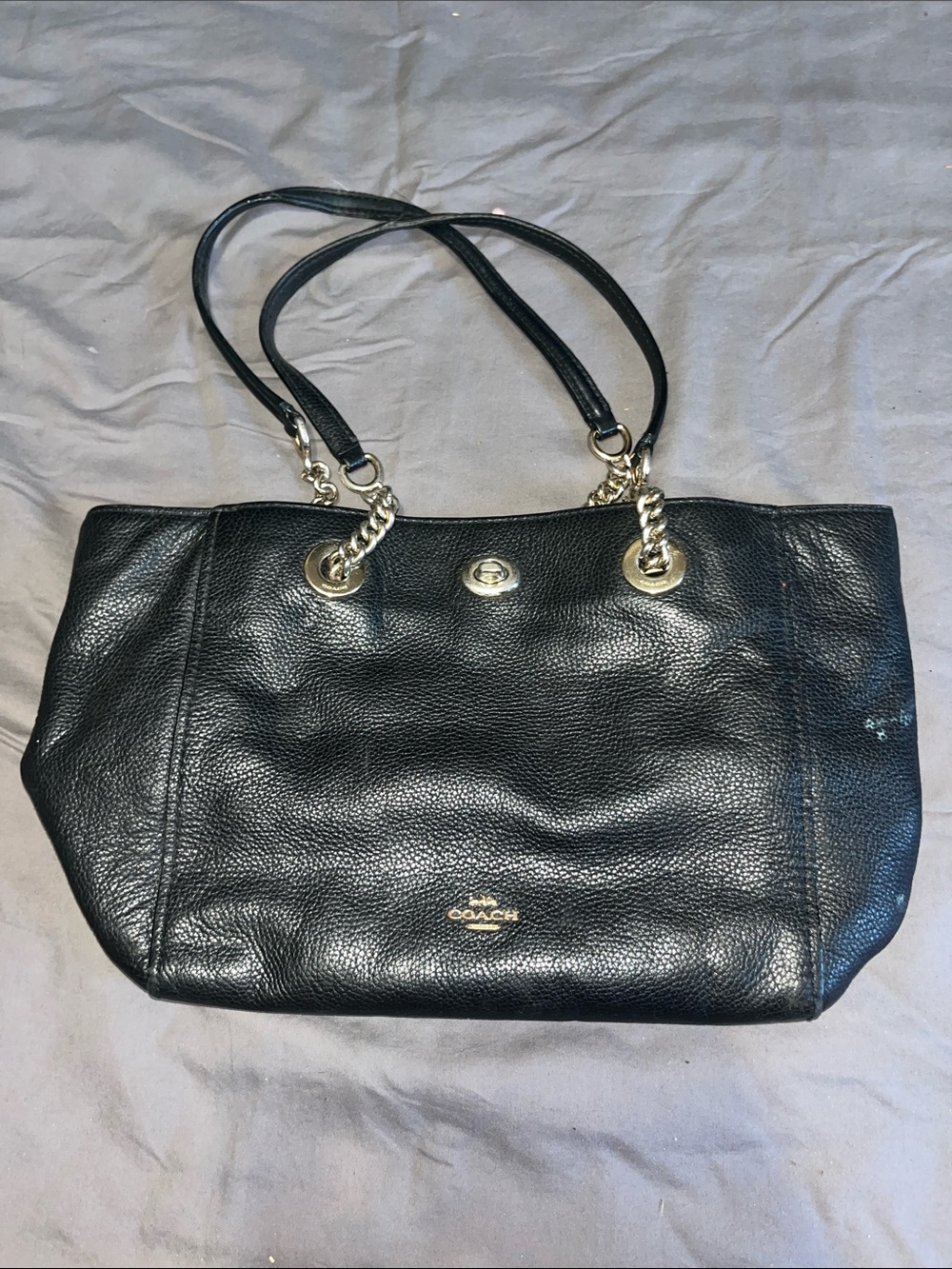 Coach Black Pebbled Leather Tote with Gold Chain Handles